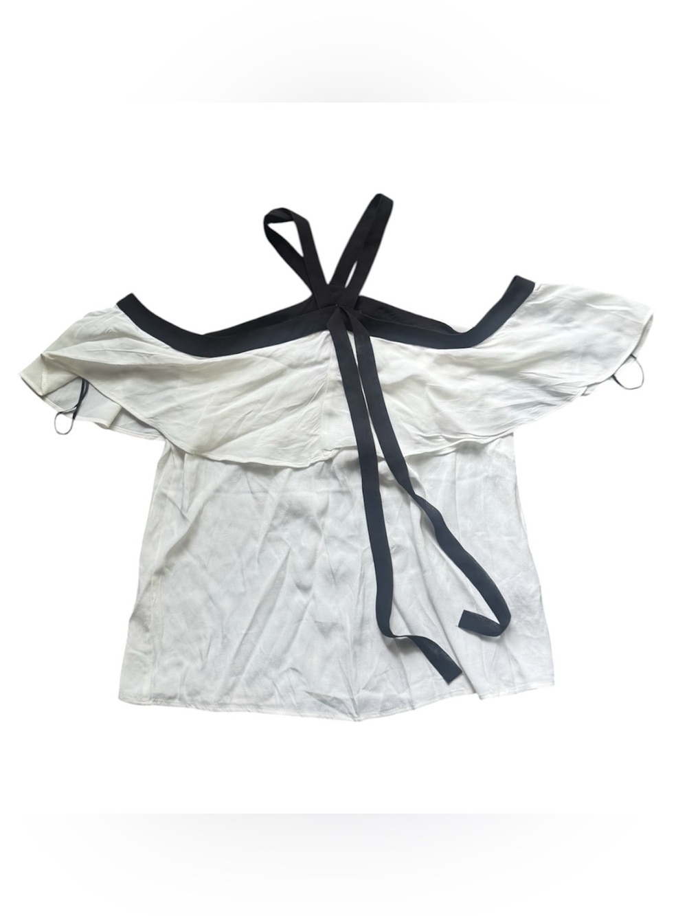ZARA WOMEN off shoulder frill blouse white black trims bow S 564
